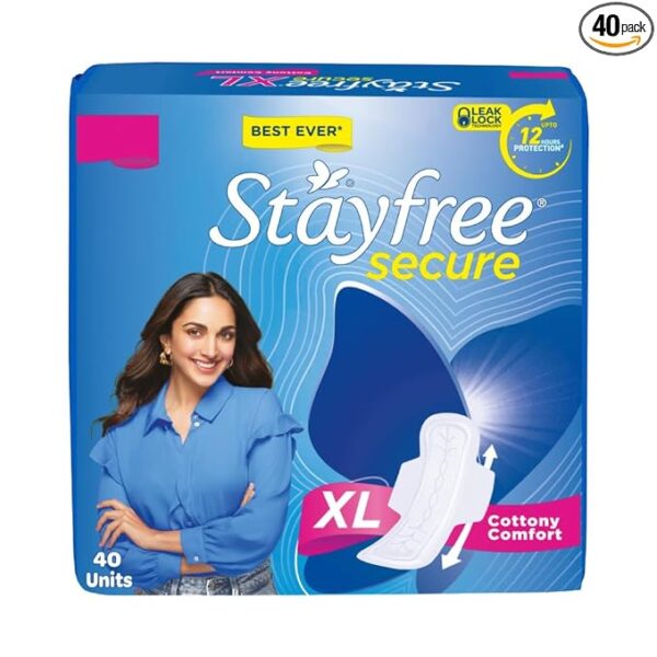 Stayfree Secure xl | 40 Pads | Cottony Soft Sanitary Pads for Women |Up to 12 Hours of Protection