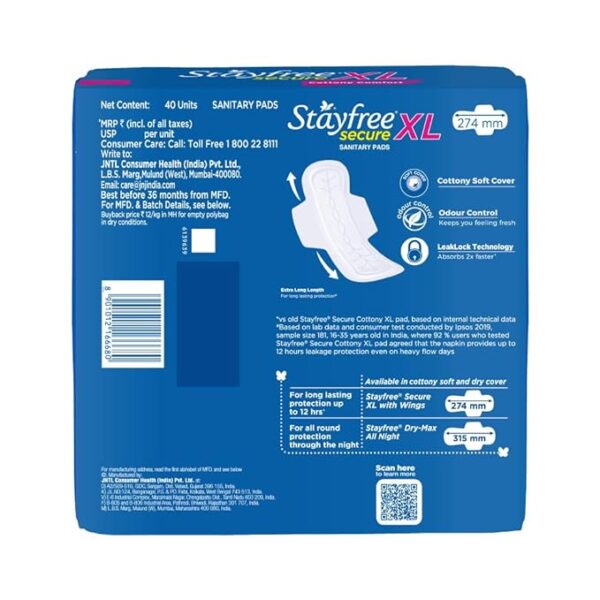 Stayfree Secure xl | 40 Pads | Cottony Soft Sanitary Pads for Women |Up to 12 Hours of Protection - Image 6